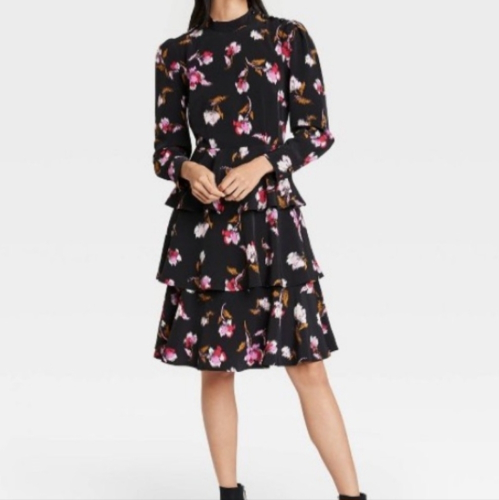 NWT Who What Wear Black FrostedFloral Dress Mock Neck Long Sleeve  XL